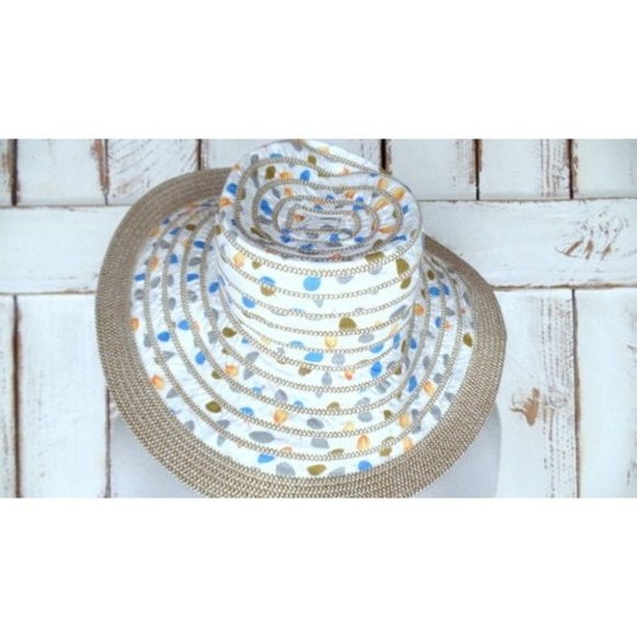 Vintage white cotton straw woven leaf print floppy sun hat main image 4